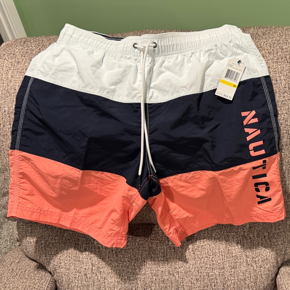 Nautica Coral and Navy Swim Trunks—FAST SHIP